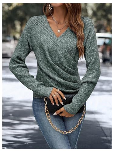 Image of SOLY HUX Women's V Neck Long Sleeve Off Shoulder Sweaters Criss Cross Wrap Ruched Pullover Fall Tops