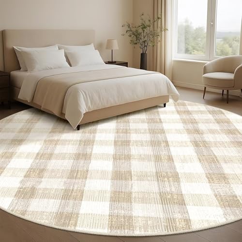 Image of Checkered Area Rug, 9 Ft, Beige | Washable, Non Slip, Modern Neutral, For Living Room Bedroom Office Patio Dining Room