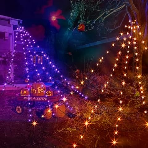 EAMBRITE Halloween Decorations Outdoor Giant Spider Web Lights with 135 LED Purple & Orange Lights, Outside Huge Lighted Black Spider Web Halloween Outdoor Light for Yard Party Haunted House Decor Cover
