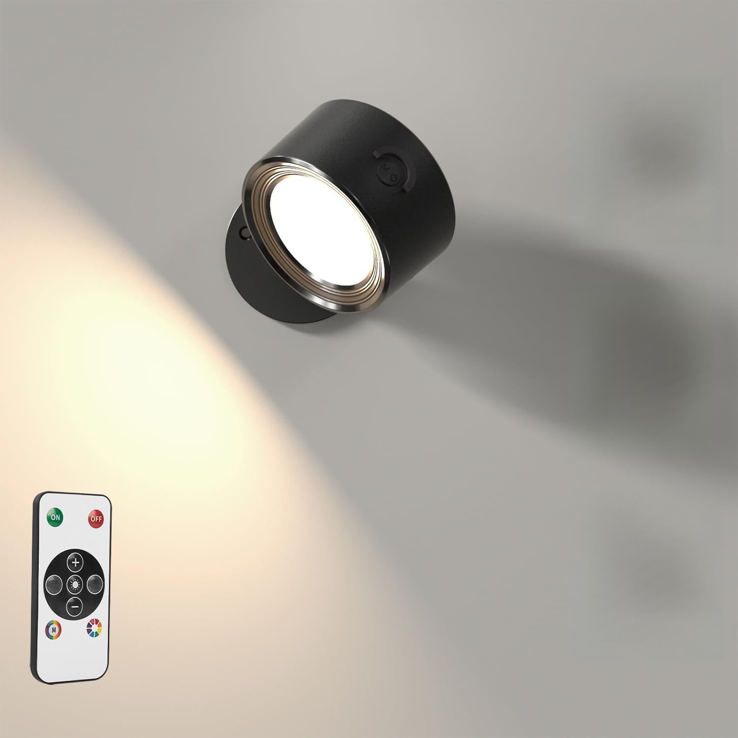 LED Wall Lights with Remote, RGB Rechargeable Wall Mounted Reading Sconces Lamp 3000mAh, 3 Colors & Dimmable Magnetic 360° Rotation Cordless Wall Lighting Spotlights for Bedroom Bedside Hallway