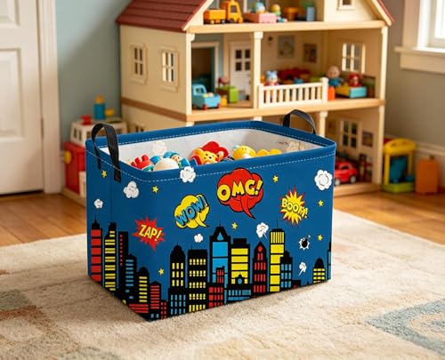 Image of Sanjiaofeng Rectangular Blue City Hero Skyline Basket,Baby Storage Bins with Handles,Comics Hero Kid Basket,Building Silhouettes Storage Bin,Room Decor(Building)