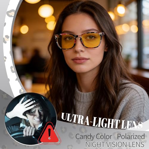 Image of Polarized Sunglasses for Women Men Night Vision Glasses Anti Glare | Yellow Anti Glare UV400 Lens, Lightweight Square Frame, for Day Night Use, Driving, Fishing, Cycling, Traveling