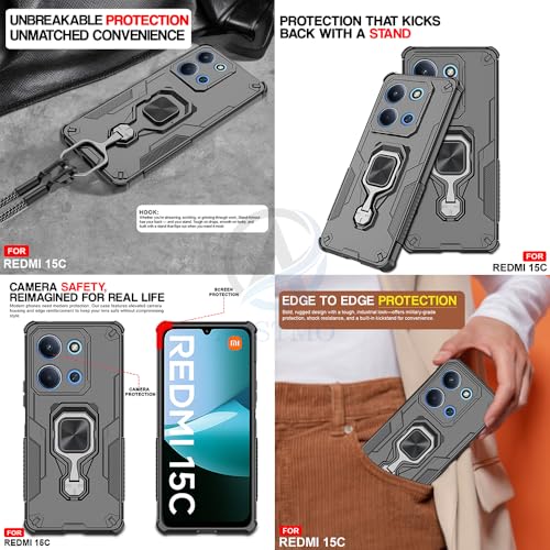 Image of AESTMO Armor Back Cover for Redmi 15C 5G / Poco C85 5G | Ring Holder & Kickstand & Camera Protection in-Built | 360 Degree Protection Back Case Cover (Black)
