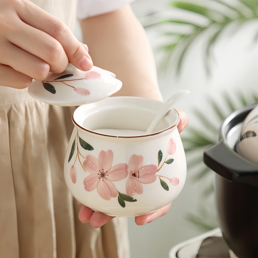 Ceramiczna cukiernica z pokrywką i łyżeczką, odporna na wysokie temperatury, puszka na przyprawy do cukru, soli, miodu, oleju, herbaty, kwiatów wiśni, japońska (4 sztuki)