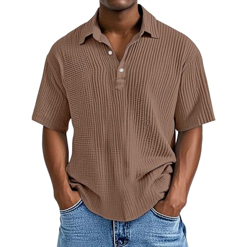 T-shirt basique pour homme avec boutonnière et col plissé uni