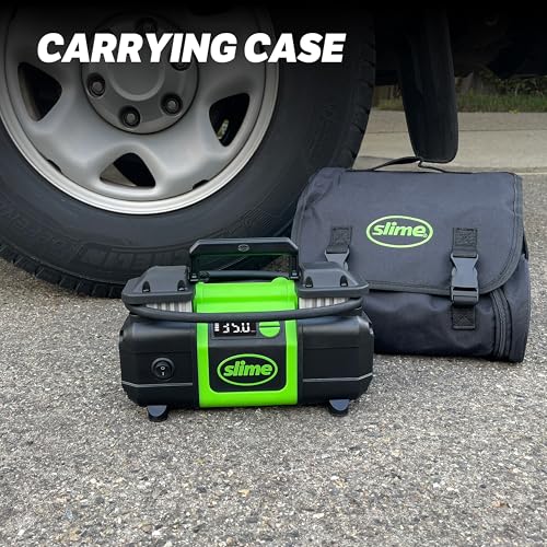 Image of Slime 40083 Tire Inflator, Super Duty Pro Power, Battery Connection, Dual Piston, with Digital 0-99 psi Gauge, Long Hose and LED Light, Alligator Clips, 2 min Inflation