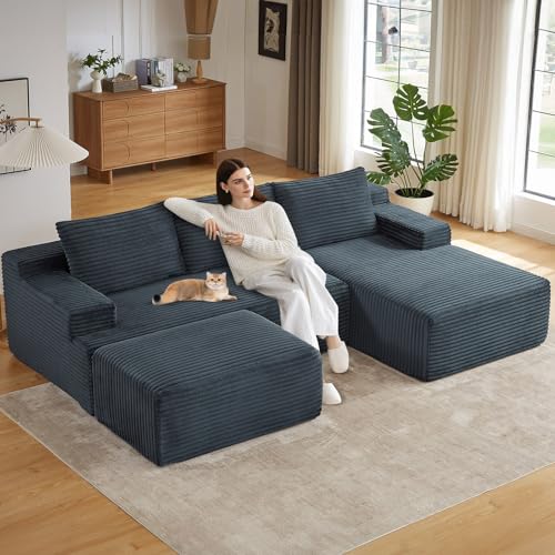 Image of 96.1 inch Modular Sectional Sofa with Ottoman, Modern Corduroy Cloud Couch, Boneless Couch Upholstered 3-Seater U-Shaped Sofa for Living Room, No Assembly (Dark Grey, Right-Facing Chaise)