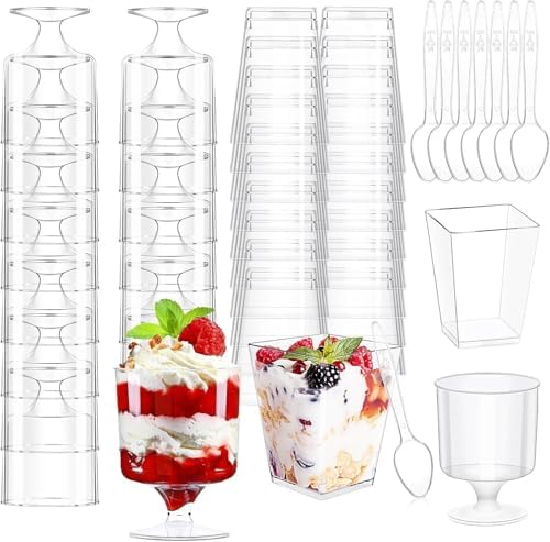 100PCS Dessert Cups with Spoons 100PCS 5 OZ Mini Clear Plastic Appetizer Parfait Cup 100 Spoon Small Fruit Ice Cream Mousse Pudding Serving Bowl Shooter for Party Square Wine Shot Glasses Round Goblet