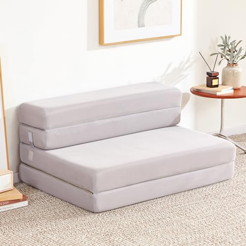 Lazyzizi Folding Sofa Bed Foldable Futon Couch Bed 4Inch Sleeper Floor Sofa for Adults, Camper, Guest, with Headrest, Breathable & Washable Cover (Single)