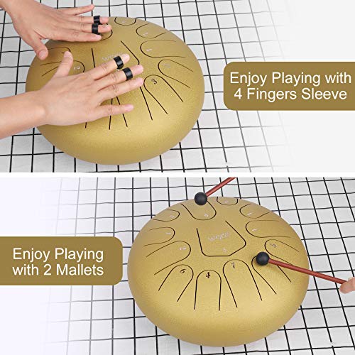 Steel Tongue Drum, 13 Notes 12 inches Hand Tongue Drum Percussion Instrument Lotus Pan Drum with Drum Mallets Carry Bag (Gold) - Thumbnail 6
