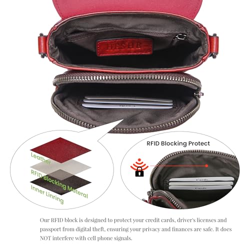 Image of HESHE Small Leather Crossbody Bag for Women RFID Phone Purse with Card Slot | Anti Theft,Genine Leather,Wide Adjustable Strap,Multi-Pocket Fits 6.9 inch Phone Trendy Shoulder Cross Body Bag for Daily,Travel