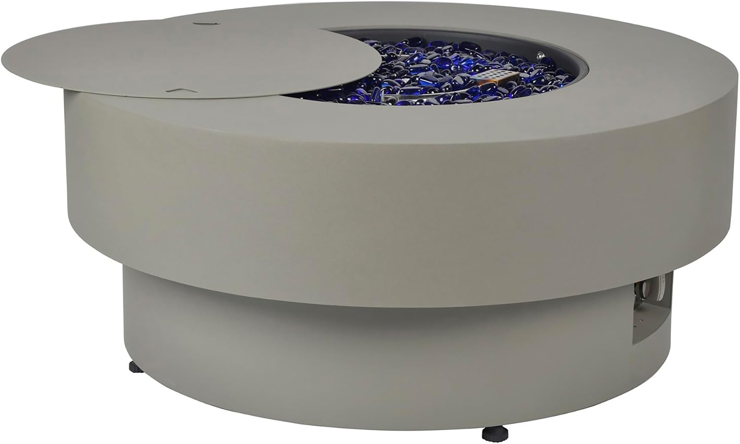 Propane Outdoor Fire Pit Table with Wind Glass Shield, Flint & Concrete Look 32-inch Round Patio Gas Fire Table 50,000 BTU w/Lid, Fire Glass, Cover, Pre-Attached 10ft Propane Hose