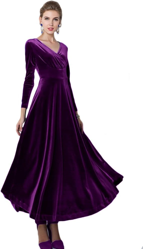 Urban CoCoWomen Long Sleeve V-Neck Velvet Stretchy Long Dress