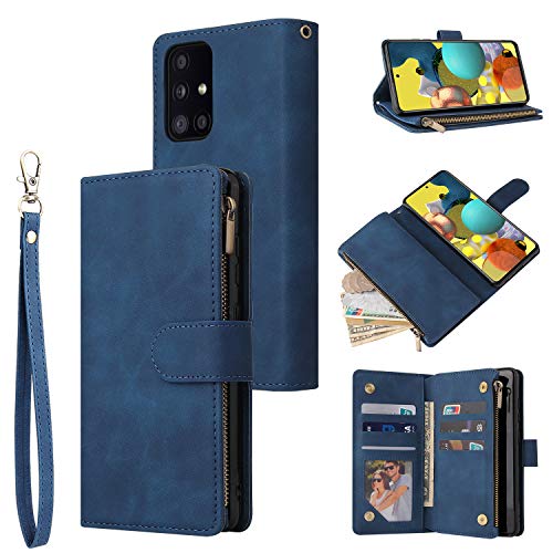 UEEBAI Wallet Case for Samsung Galaxy A41, PU Leather Case Magnetic Closure Handbag Zipper Pocket Case Kickstand Card Slots with Hand Strap - Blue