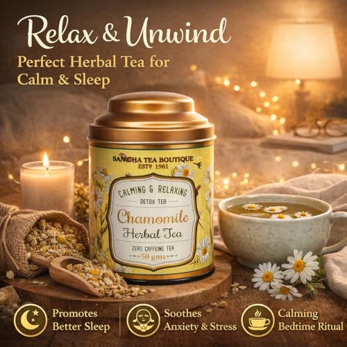 Sancha Tea Boutique, Pure Chamomile Tea, 50g Loose Leaves, Caffeine Free Herbal Tisane, Bedtime for Good Sleep, Stress Relief & Relaxation
