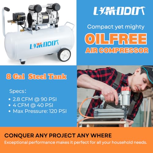 Image of Quiet Oil-Free Air Compressor, 68 dB, 2.8 CFM @ 90 PSI, 8 Gallon Air Tank | Steel Tank Compressor for Woodworking, Nailing, Garage Use, Car Inflation and Pneumatic Tools, Includes Air Hose Kit