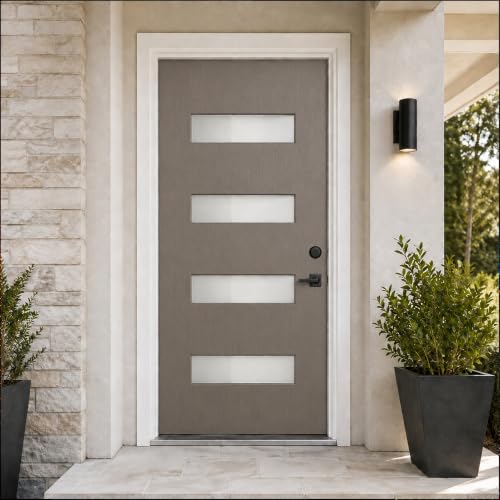 36 x 80 Garret Gray Fiberglass Front Entry Door, Woodgrain Texture, 4-Lite Frosted Low-E Glass, 4-9/16” Vinyl Frame & Brickmould, Knock-Down Door Kit, Left-Hand Inswing