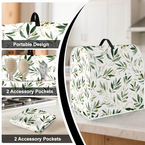 Image of Kitchen Dust Cover Compatible with 4.5 5 6 8 quart Stand Mixer, Kitchen Appliance Protective Covers with Top Handle and Pocket (Green Leaves, For All 6-8 qt Mixer)