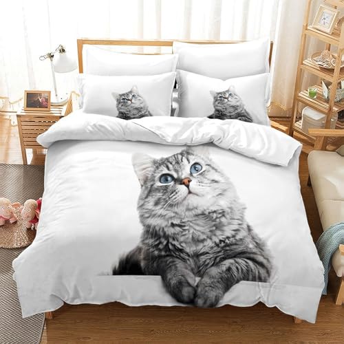 Housse de Couette Chat Gris 3D 140x200 microfibre avec taie d'oreiller