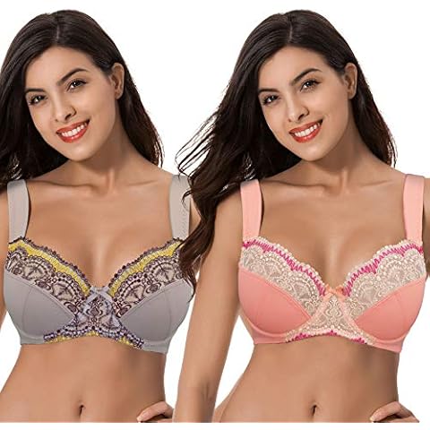 Curve Muse Plus Size Minimizer Underwire Bra with Lace Embroidery-2Pack-Brown,Peach Amber-36C (EU:80C) Cover