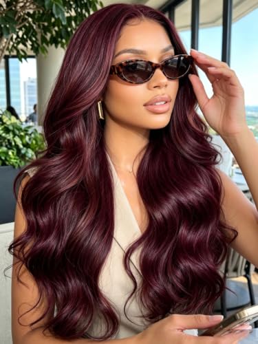 KLAIYI Black Cherry Loose Body Wave Bye Bye Knots Glueless Wig 7x5Precut Lace Front Wigs Human Hair Drawstring Pre Plucked Bleached 30S Ready to Wear and Go Wig with Face Framing Bangs Burgundy 20Inch