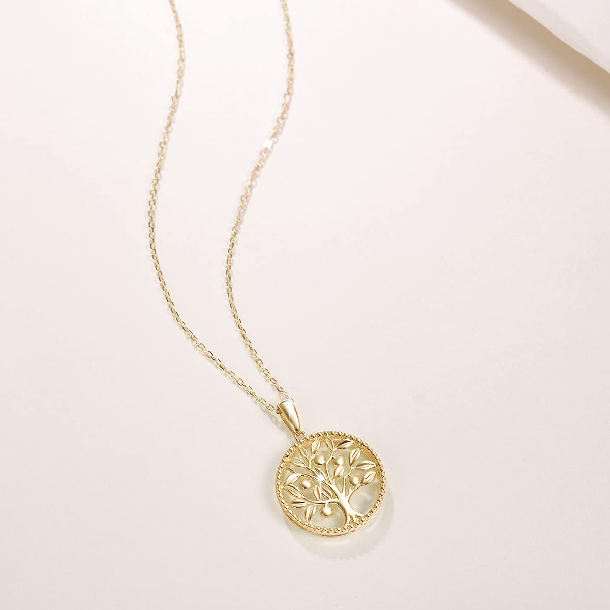 FANCIME Lebensbaum Kette aus Solide 14 Karat 585 Gelb Gold 15mm Durchmesser Anhänger Halskette Einfacher minimalistischer Geschenkschmuck für Damen Mädchen - Verstellbares Kettenlänge: 40 + 5 cm