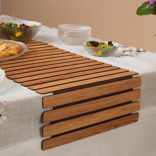 Image of HOME 360 Modern Slat Table Runner | Decorative Finish MDF Slats with Intricate Cut-Out Patterns | Rollable Table Centerpiece for Dining Room, Kitchen | (TAN 3, 14X36 INCH)