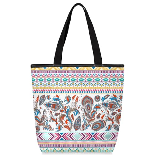 Mularoka Colorful Rhombus Triangle Pattern Canvas Tote Bag with Zipper and Pockets Canvas Tote Shopping Bag Women Reusable Grocery Bag for Beach Travel Gym Shopping