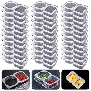 Double Compartment Condiment Containers with Lids, 2024 New Disposable 2 Compartment Snack Containers, Portion Cups Reusable Plastic Snack Container for to-go Sauce, Sampling, Travel Snack – 32 Pcs