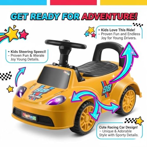 Image of Kids Ride On Yellow Car for Toddlers with Steering Wheel & Backrest | Foot to Floor Baby Push Car | Indoor Outdoor | Strong Wheels & Comfortable Seat | Racing Design for Boys & Girls (1-3 Years)