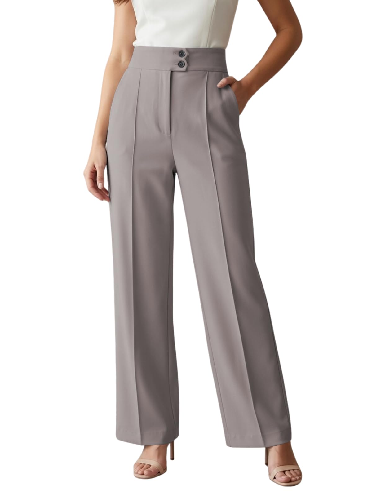 Korean Style Trousers | High Waist Wide Leg Formal Pants | Ankle Length Stretchable Office Wear | Button Closure Straight Fit | Regular Fit Pants for Women-image-11