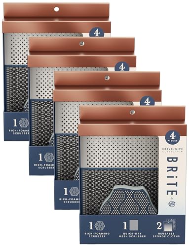 Image of Brite by Scotch-Brite Limited Edition 4-Piece Scrub and Wipe Collection with 1 Rich-Foaming Dish Scrubber, 1 Quick-Dry Mesh Scrubber, and 2 Reusable Sponge Cloths (Pack of 4)