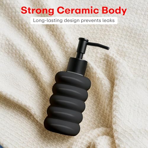 Image of Rioware Ceramic Soap Dispenser Hand Wash Bottles for Basin | Multipurpose Refillable for Liquid Shampoo, Kitchen, Bathroom, and Household Use | 300Ml, Pack of 2 - Round Black & Grey