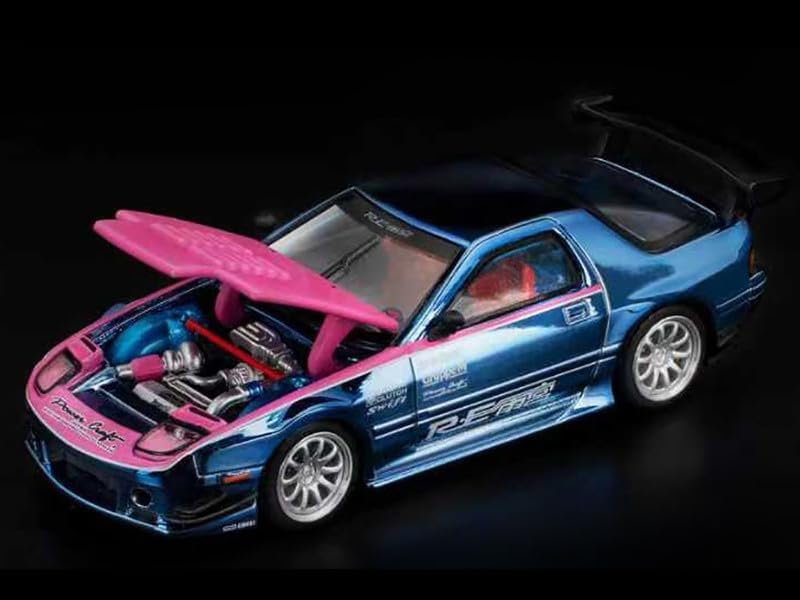 RX7 (FC3S) RE Amemiya RHD (Right Hand Drive) Blue Metallic with Pink Hood Los Angeles Edition 1/64 Diecast Model Car by Pop Race PR640397