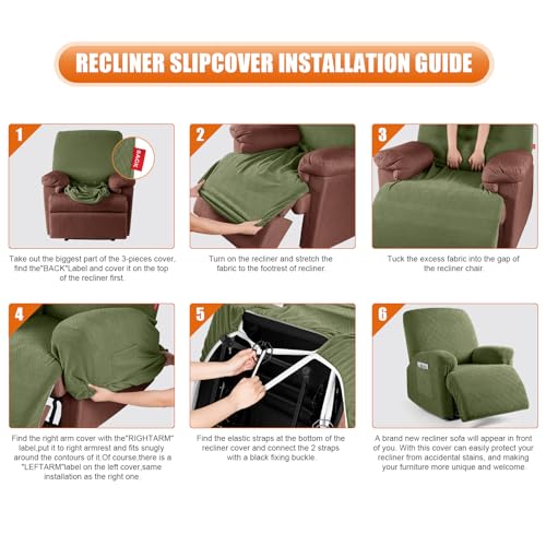 Image of VANSOFY Oversized Recliner Chair Cover, 4-Pieces Stretch Recliner Covers for Recliner Chair Soft Reclining Chair Slipcover Jacquard Pattern Furniture Protector for Dogs Cats(Army Green)