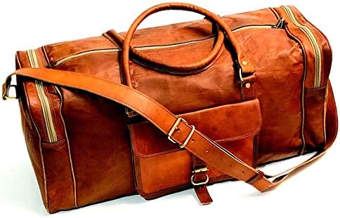 Firu-Handmade Vintage Style Luggage Leather Duffle Bag Travel Gym Sports Overnight Weekender Leather Duffle Bags for Men and Women