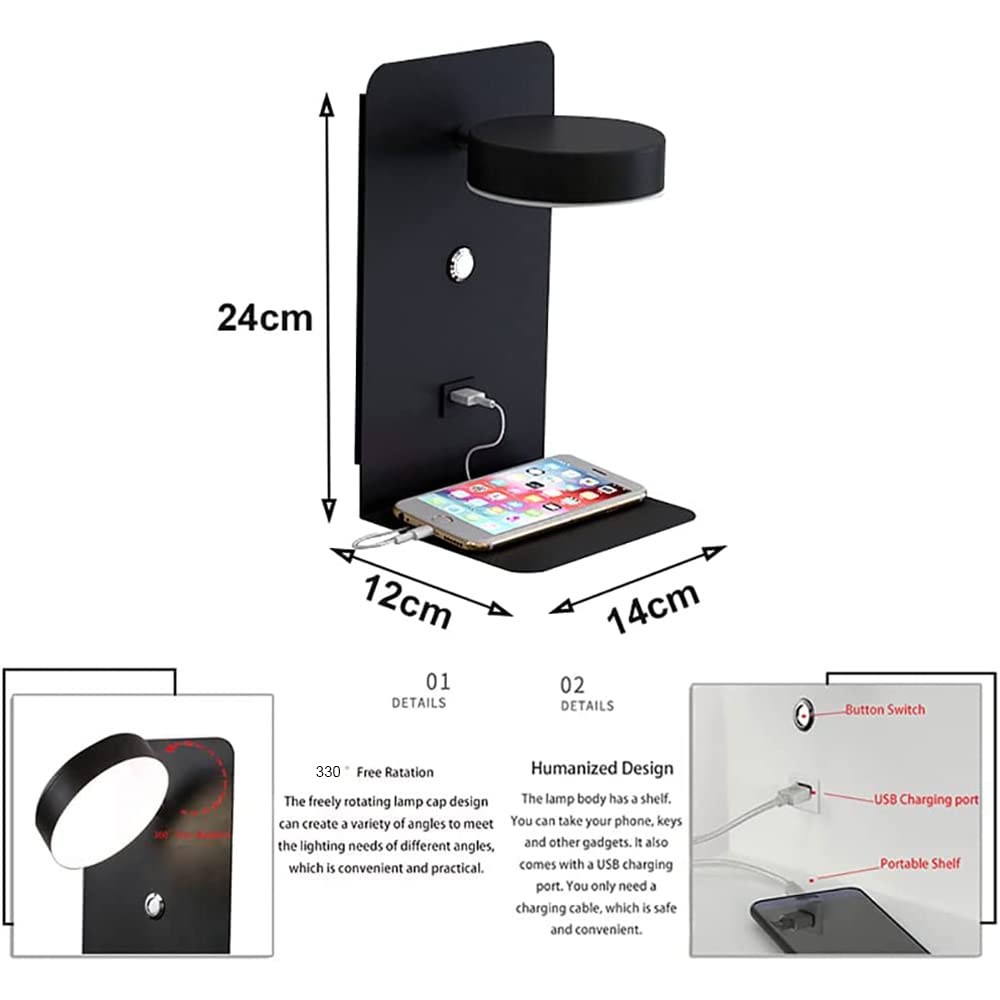 Lampa ścienna, lampka nocna, lampka do czytania 12 W, obracana o 330° lampa LED z przełącznikiem i portem ładowania USB, do sypialni, salonu, biura, hosta