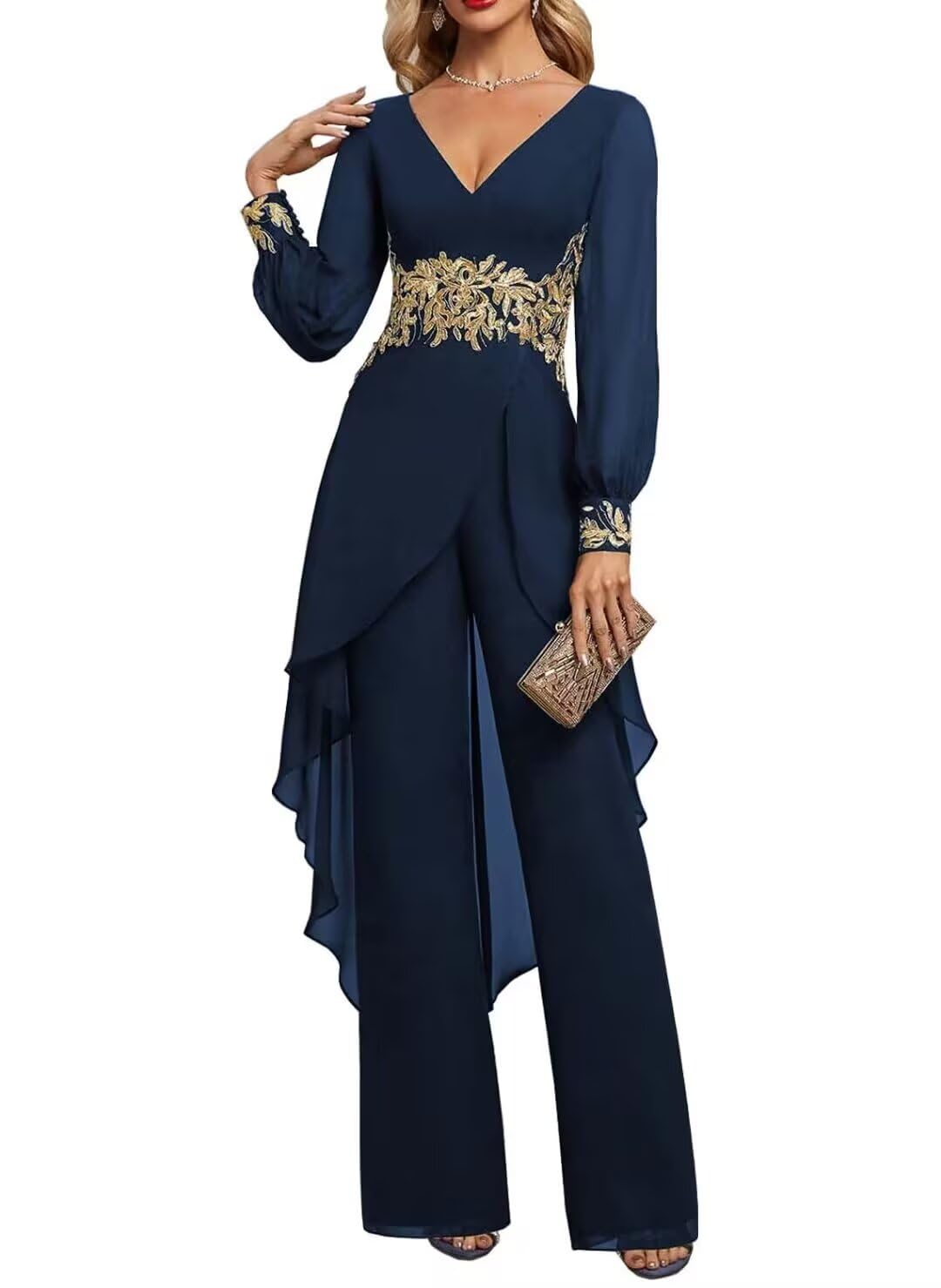 Long Sleeve Mother of The Bride Pant Suits for Wedding 2 Piece V Neck Floral Formal Outfits for