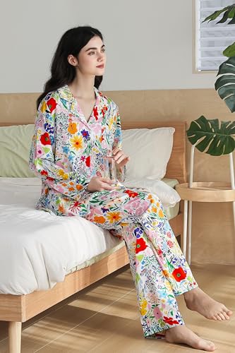 Image of YiNi LuLu Womens Silk Satin Pajamas Set Button Down 2 Piece Pjs Long Sleeve Oversized Sleepwear with Pockets