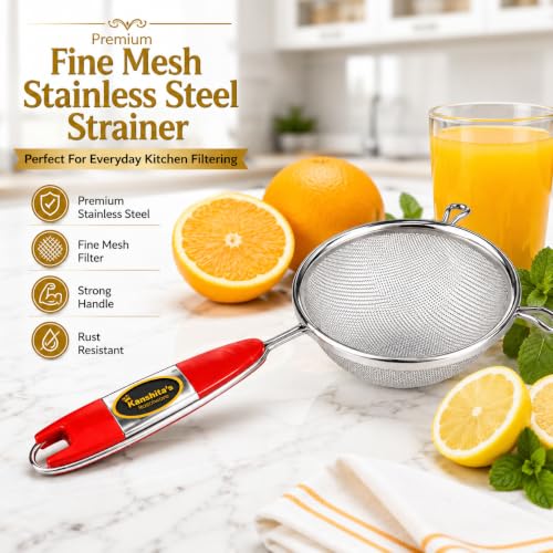 Image of Kanshita's Rasoiware Small Stainless Steel Soup & Juice Strainer 11 cm | Fine Mesh Kitchen Chalni for Juice, Soup, Gravy, Stock & Liquid Filtering | Rust Resistant Handle | Silver