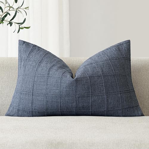 Image of Foindtower Set of 1 Decorative Linen Check Throw Pillow Cover Neutral Farmhouse Lumbar Cushion Cover Modern Coastal Boho Home Decor for Sofa Chair Couch Bedroom Living Room,12x20 Inch,Blue