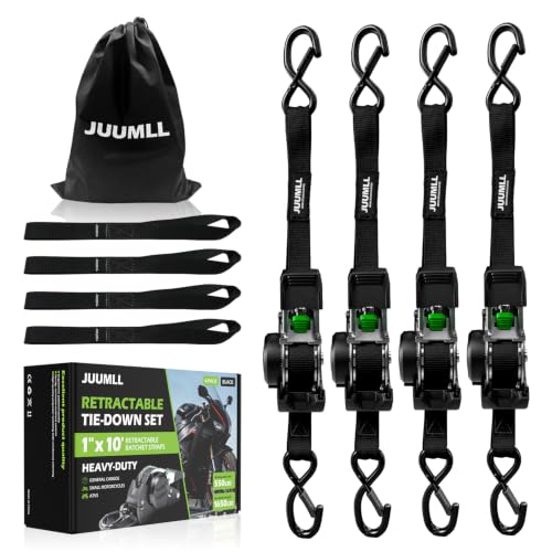 JUUMLL Retractable Ratchet Straps (4-Pack) 1 x 10ft - 1 650lb Break Strength Heavy-Duty Self Retracting Tie Down Straps for Motorcycle Cargo ATV UTV Kayak & Transport (Gloss Black)