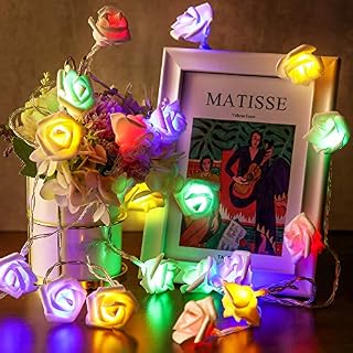 Hiboom Valentine's Day Rose String Light, 20 LED Artificial Rose Flower Garland Fairy Light Battery Operated Decoration for Wedding Birthday Anniversary Decor (White Flower with Colorful Ligh,8.2 ft)