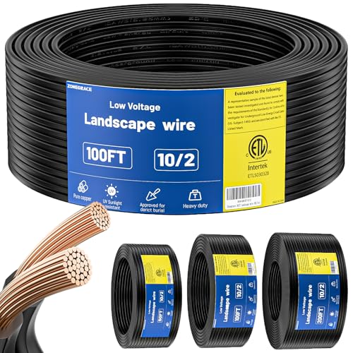 ZONEGRACE 10 Gauge Low Voltage Landscape Wire 10/2 Landscape Lighting Wire 10 AWG Direct Burial Outdoor Cable Stranded Copper Wire (1080.254 mm) PVC Jacket ETL Listed 100 FT for 12V/24V