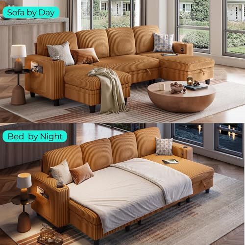 Image of LINSY HOME Sectional Sleeper Sofa with Pull Out Couch Bed - Convertible Plush Corduroy Cloud Couch with Storage Chaise & USB Charging, Comfy U Shaped Modular Couches for Living Room, Brown