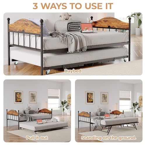 Daybed with Trundle, Metal Twin Bed Frame with Pop Up Foldable Trundle Bed, Sofa Bed Frame with Stylish Headboard, Heavy Duty Steel Slats Platform for Living Room, Bedroom and Guest Room, Brown