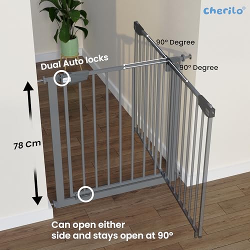 Image of Cherilo Baby Safety Gate for Kids & Pets (Fits 75-84 cm) | 1 Year Manufacturer Warranty | Pressure Mounted Safety Gate for Kids Home | Adjustable, Auto-Close, No-Drill Installation - Grey