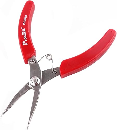 1PK-396B Pro'sKit - Alicates de punta larga de 5 pulgadas, de acero inoxidable, mango rojo, con dientes de boca larga, 5.118 in