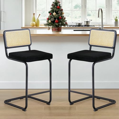 Image of Zesthouse Natural Rattan Counter Stools Set of 4, 26 inch Modern Bar Stools with Solid Wood Back & Chrome Base, Black Velvet Counter Height Barstools, Mid Century Cantilever High Chairs for Kitchen Island