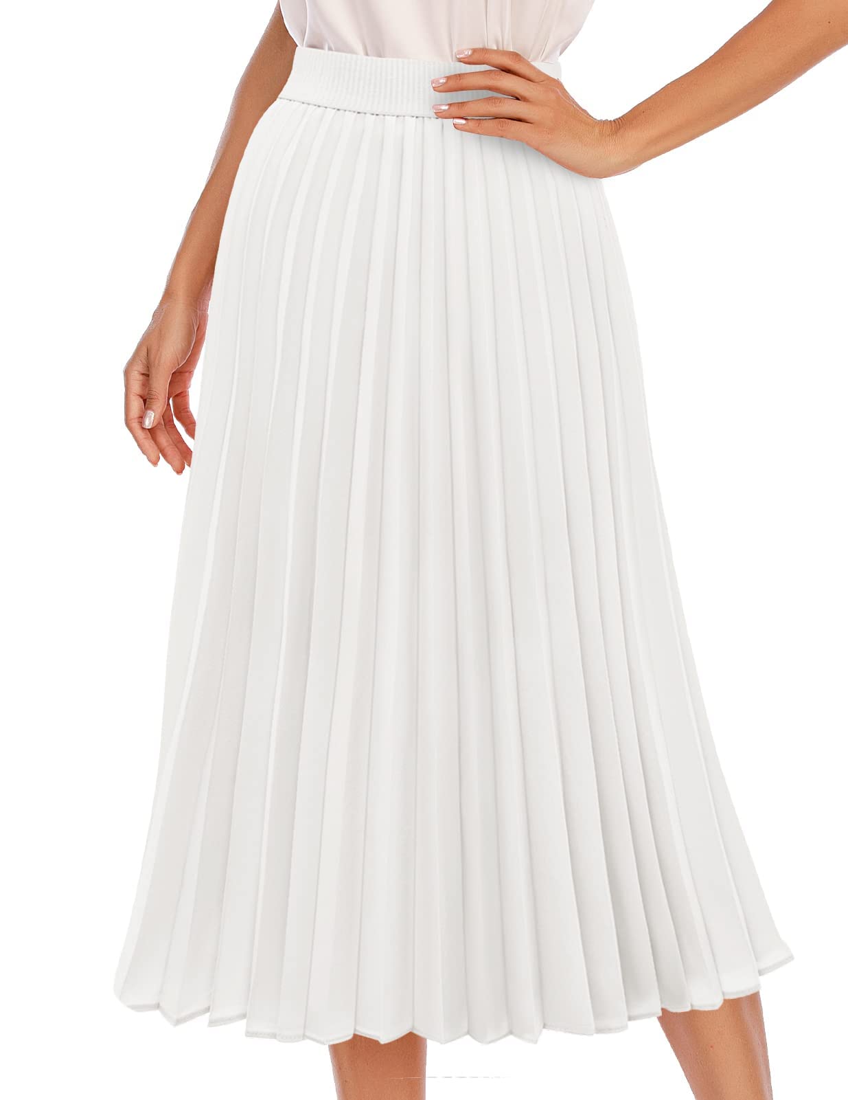 DRESSTELLS Pleated Midi Skirts for Women Long Aline High Elastic Waisted Holiday Party Skirt
